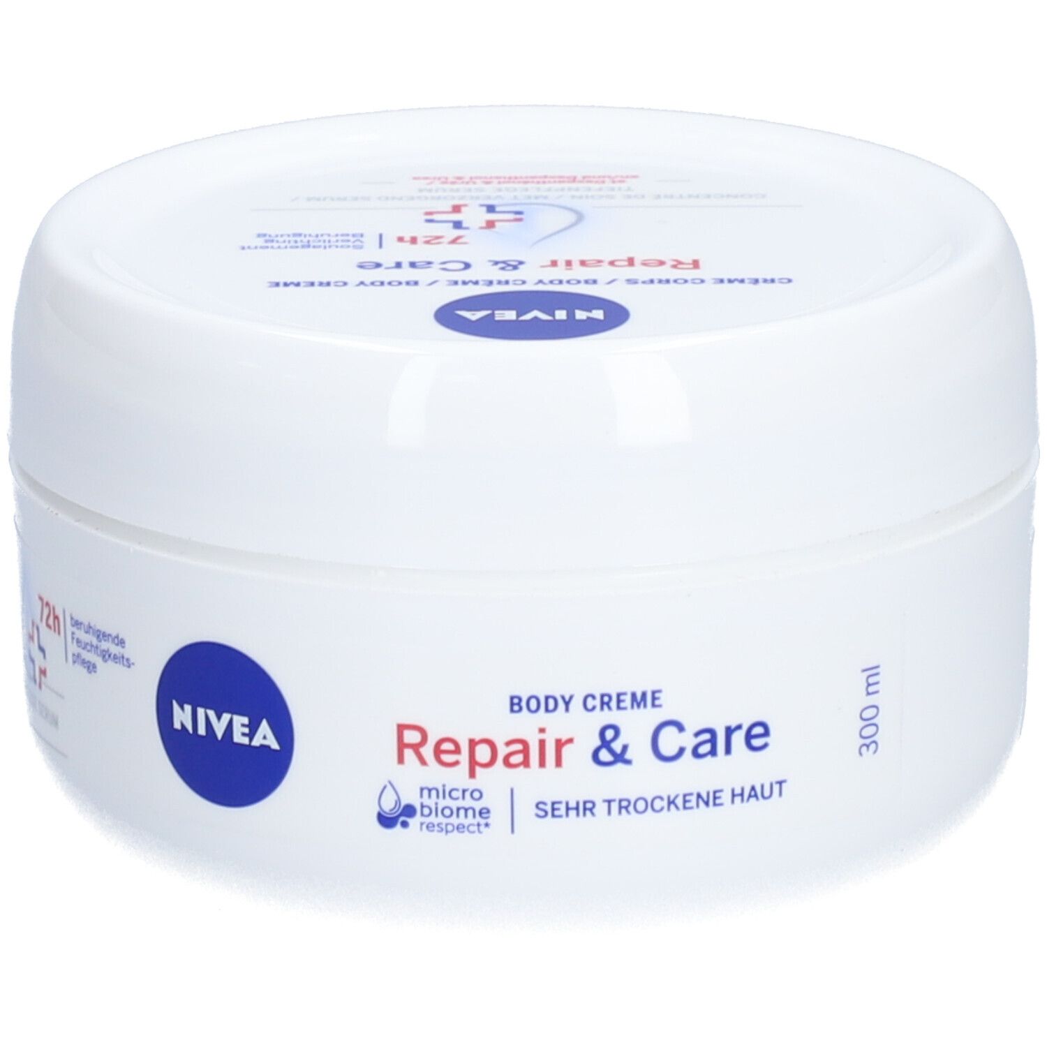 Pot blanc avec couvercle bleu. Inscription: NIVEA Repair & Care Body Crème. Texte en allemand, néerlandais et français.