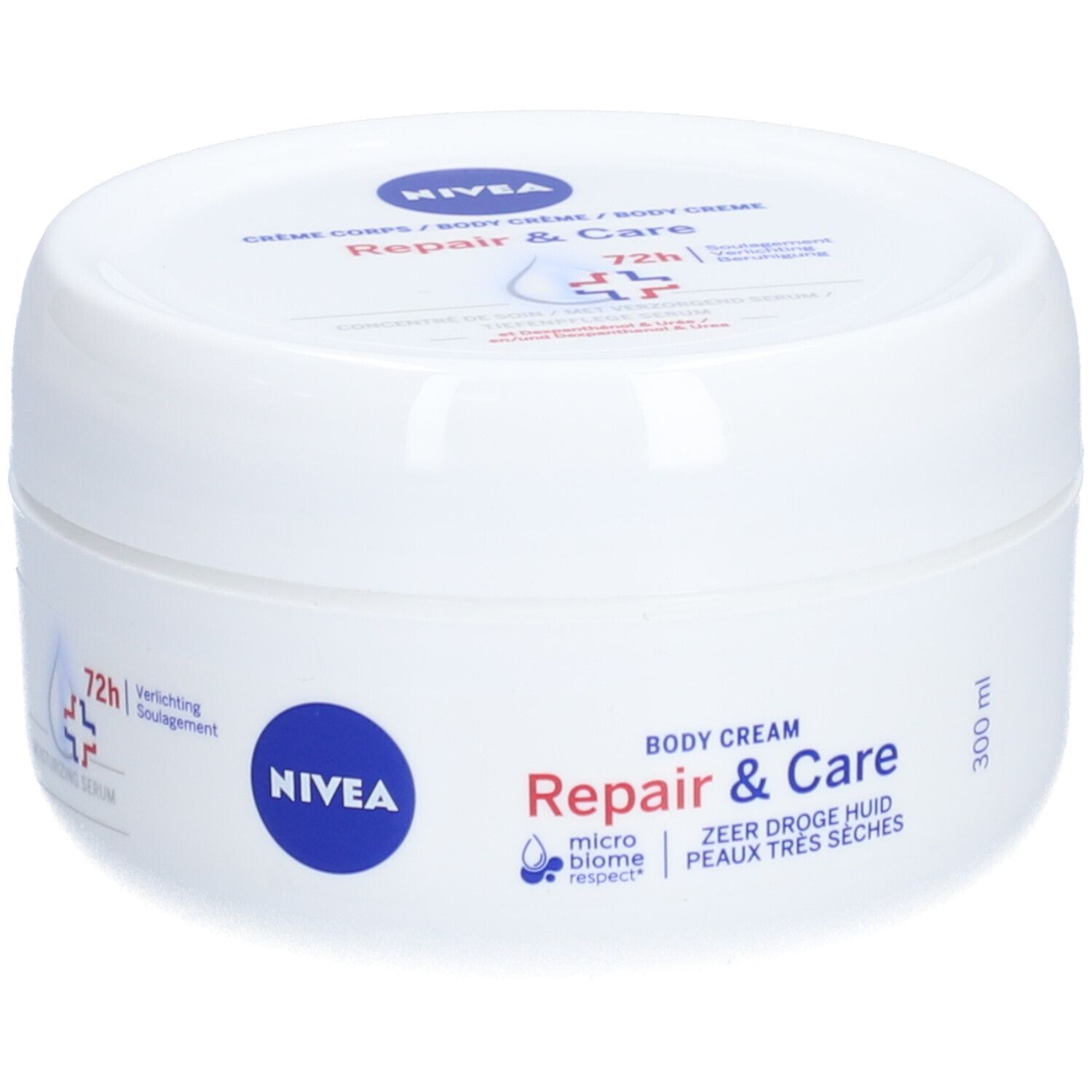 Pot blanc avec couvercle bleu. Inscription: NIVEA Repair & Care Body Crème. Texte en allemand, néerlandais et français.