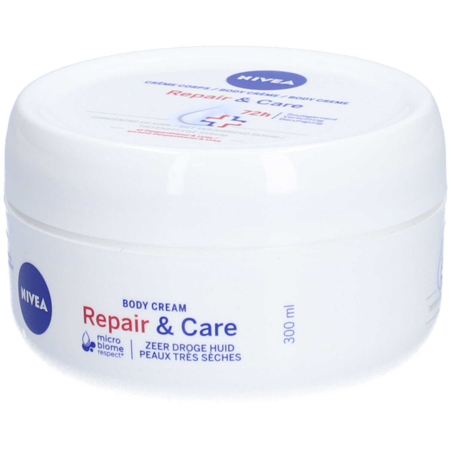 Pot blanc avec couvercle bleu. Inscription: NIVEA Repair & Care Body Crème. Texte en allemand, néerlandais et français.