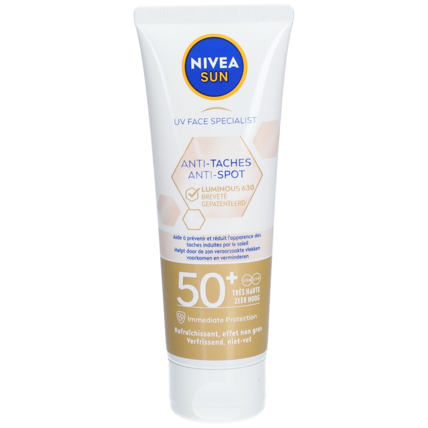 Tube blanc Nivea Sun UV Face Specialist. Anti-taches, Luminous 630, SPF 50+. Texte et logos visibles.