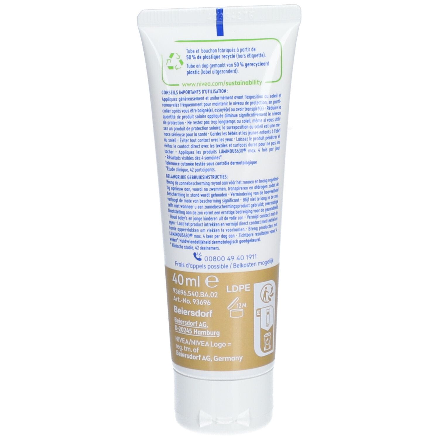Dos du tube. Texte sur les ingrédients, la durabilité et les coordonnées. 40ml.