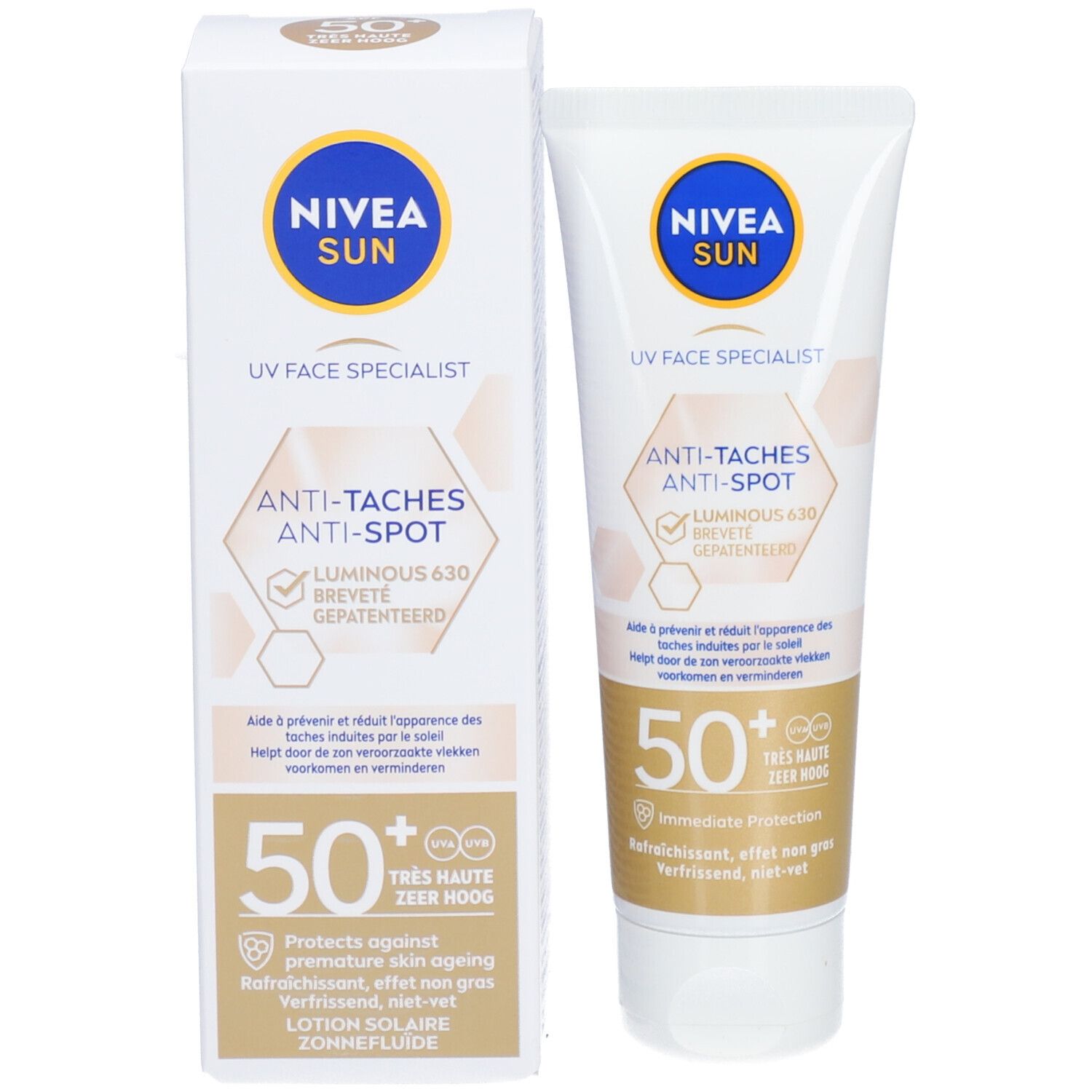 Emballage avec tube et boîte. Nivea Sun UV Face Specialist, Anti-taches, Luminous 630, SPF 50+.