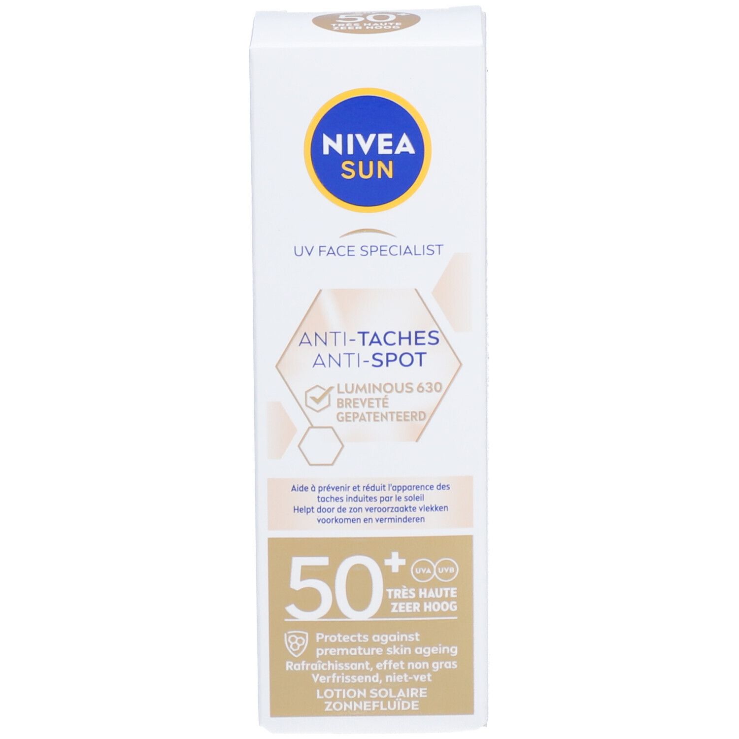 Boîte Nivea Sun UV Face Specialist. Anti-taches, Luminous 630, SPF 50+. Texte et logos.