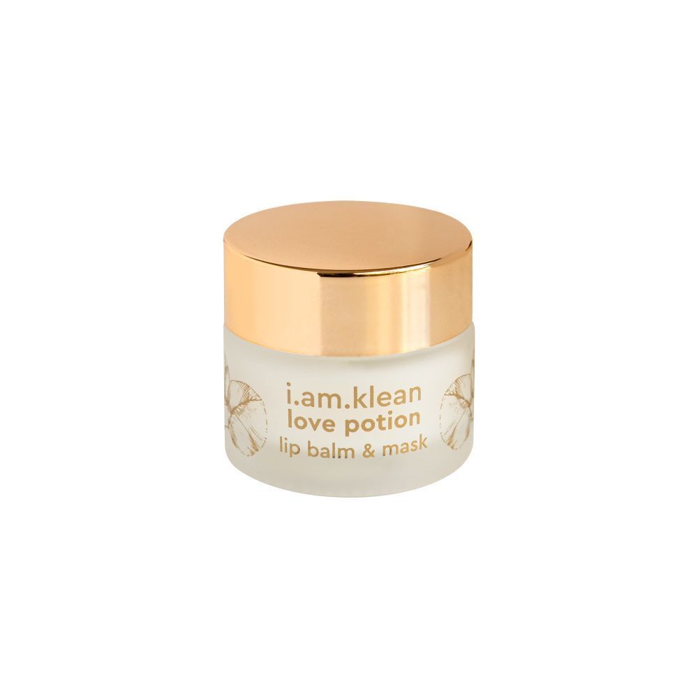 Pot fermé de baume à lèvres et masque. Inscription : i.am.klean love potion lip balm & mask.