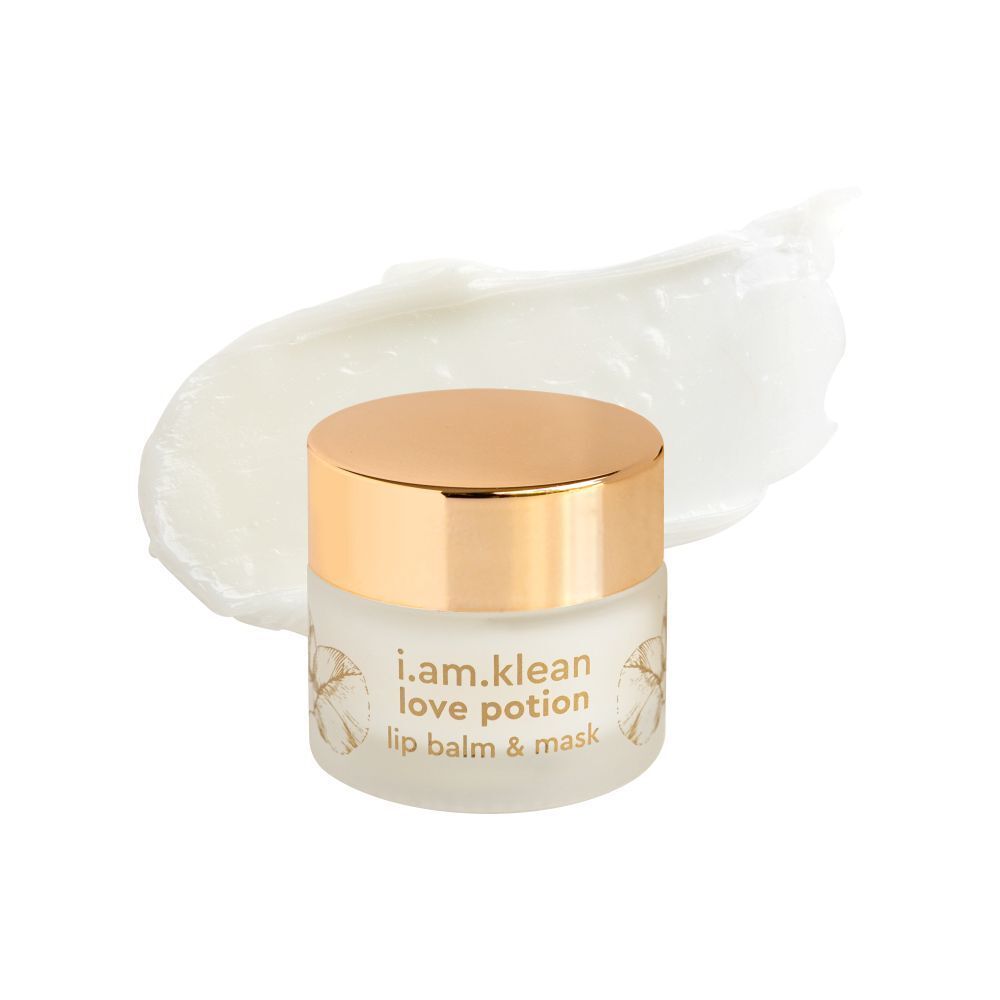 Pot de baume à lèvres et masque. Produit à côté. Inscription : i.am.klean love potion lip balm & mask.