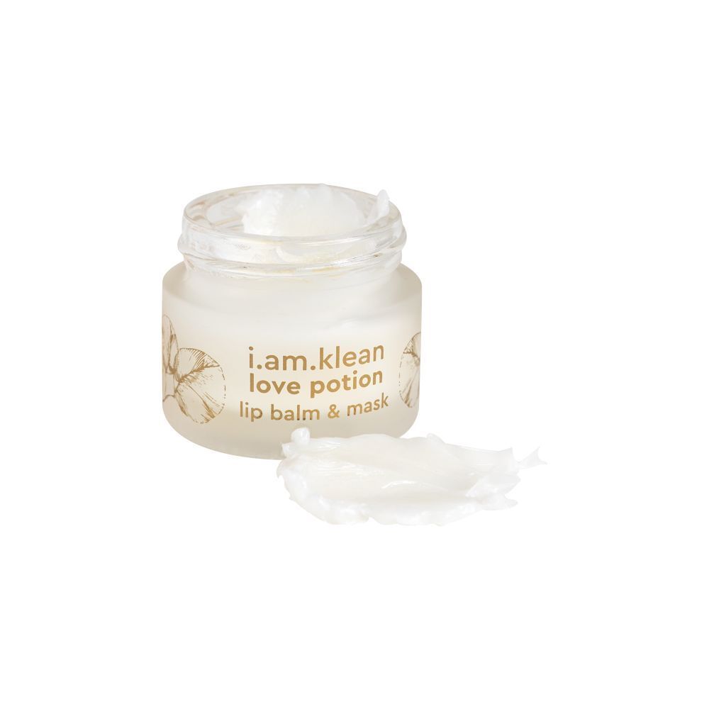Pot de baume à lèvres et masque. Produit à côté. Inscription : i.am.klean love potion lip balm & mask.