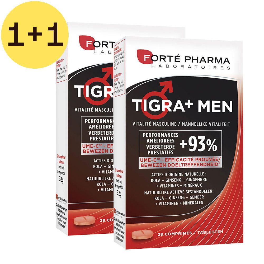 Zwei Packungen Tigra+ Men. Weiße Schachteln mit roter und schwarzer Schrift. Aufschrift: +93%.