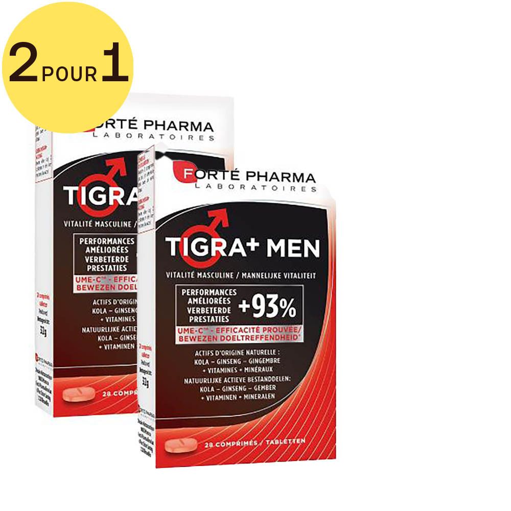 Deux boîtes de Tigra+ Men. Boîtes blanches avec texte rouge et noir. Inscription : +93%.