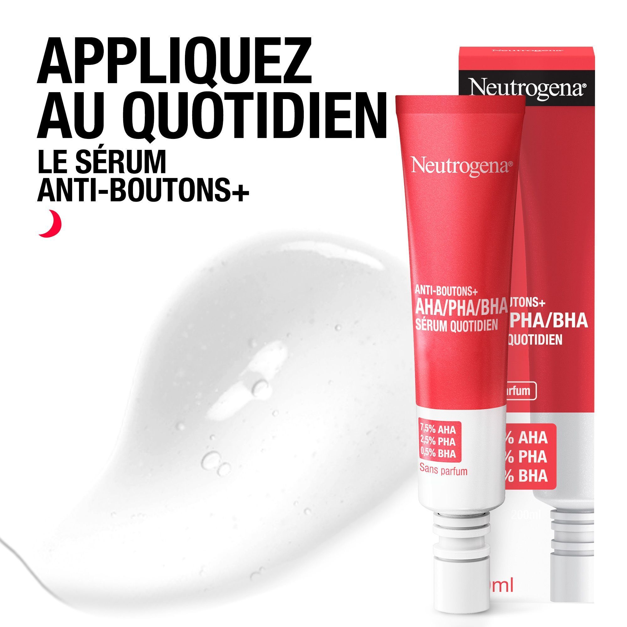 Sérum Anti-Boutons+ Neutrogena. Tube rouge, écriture blanche. À côté, une goutte de sérum.