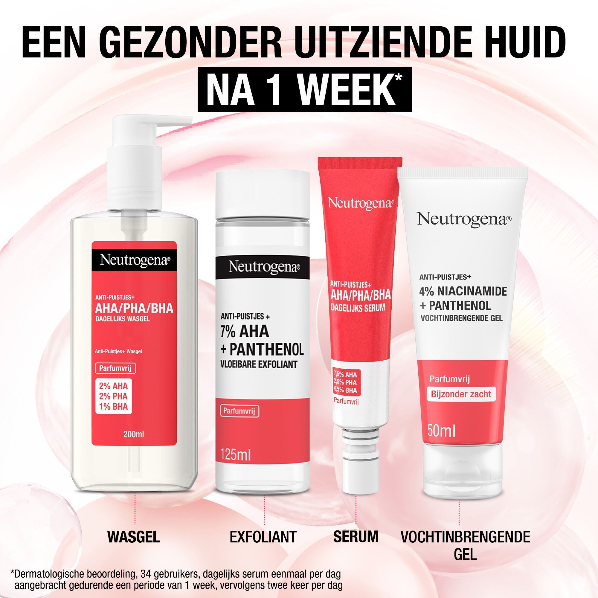 Vier Neutrogena producten. Gel, Exfoliant, Serum en Vochtinbrengende Gel. Tekst: Een gezondere huid na 1 week.