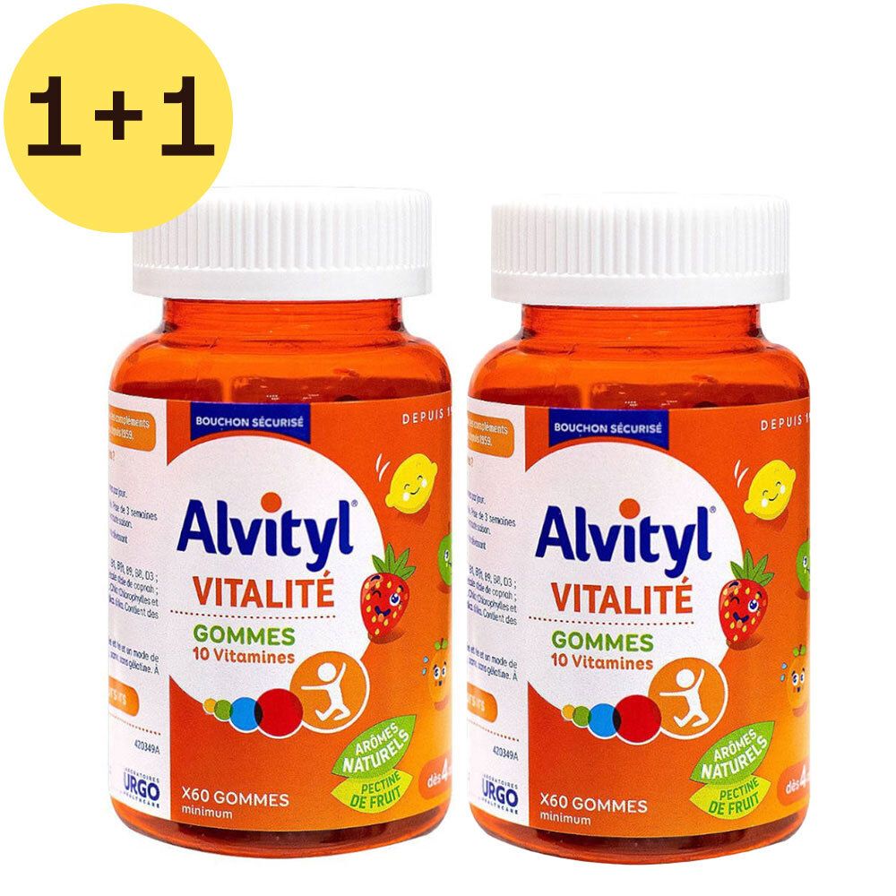 Deux flacons Alvityl Vitalité, orange, bouchons blancs. Inscription: Vitalité, Gommes 10 Vitamines. Offre 1+1.