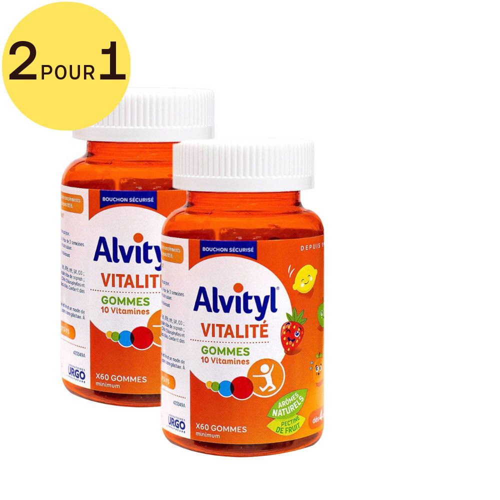 Deux flacons Alvityl Vitalité, orange, bouchons blancs. Inscription: Vitalité, Gommes 10 Vitamines. Offre 2 pour 1.