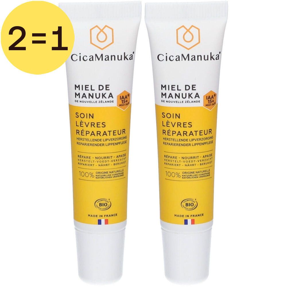 Deux tubes de CicaManuka® Soin Lèvres Réparateur. Inscription: Miel de Manuka. Certifié bio. Offre 1+1 gratuit.