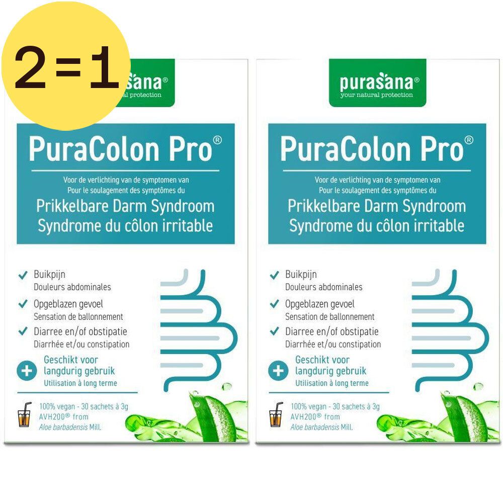 Deux boîtes de PuraColon Pro, avec texte en néerlandais et français. Étiquette jaune "2=1".