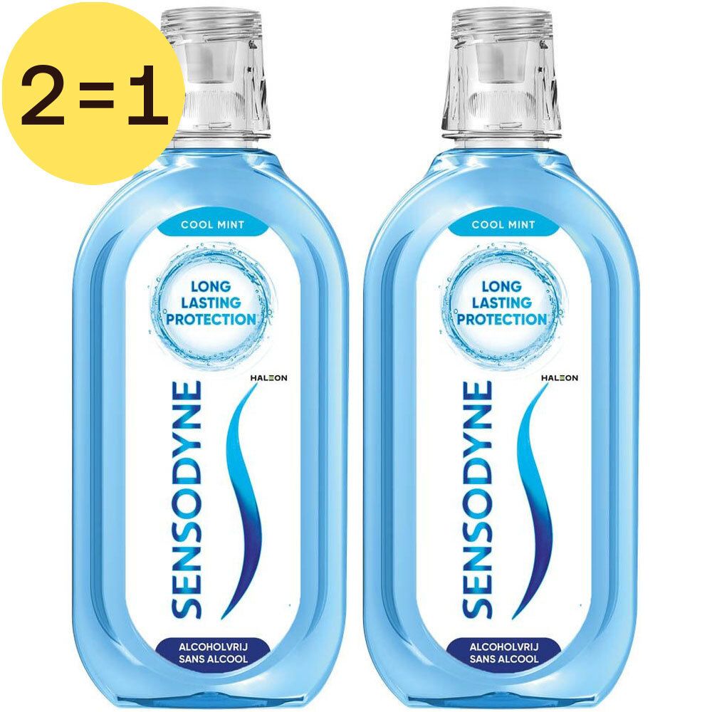 Deux flacons de bain de bouche Sensodyne Fresh & Cool. Étiquette 1+1 gratuit.