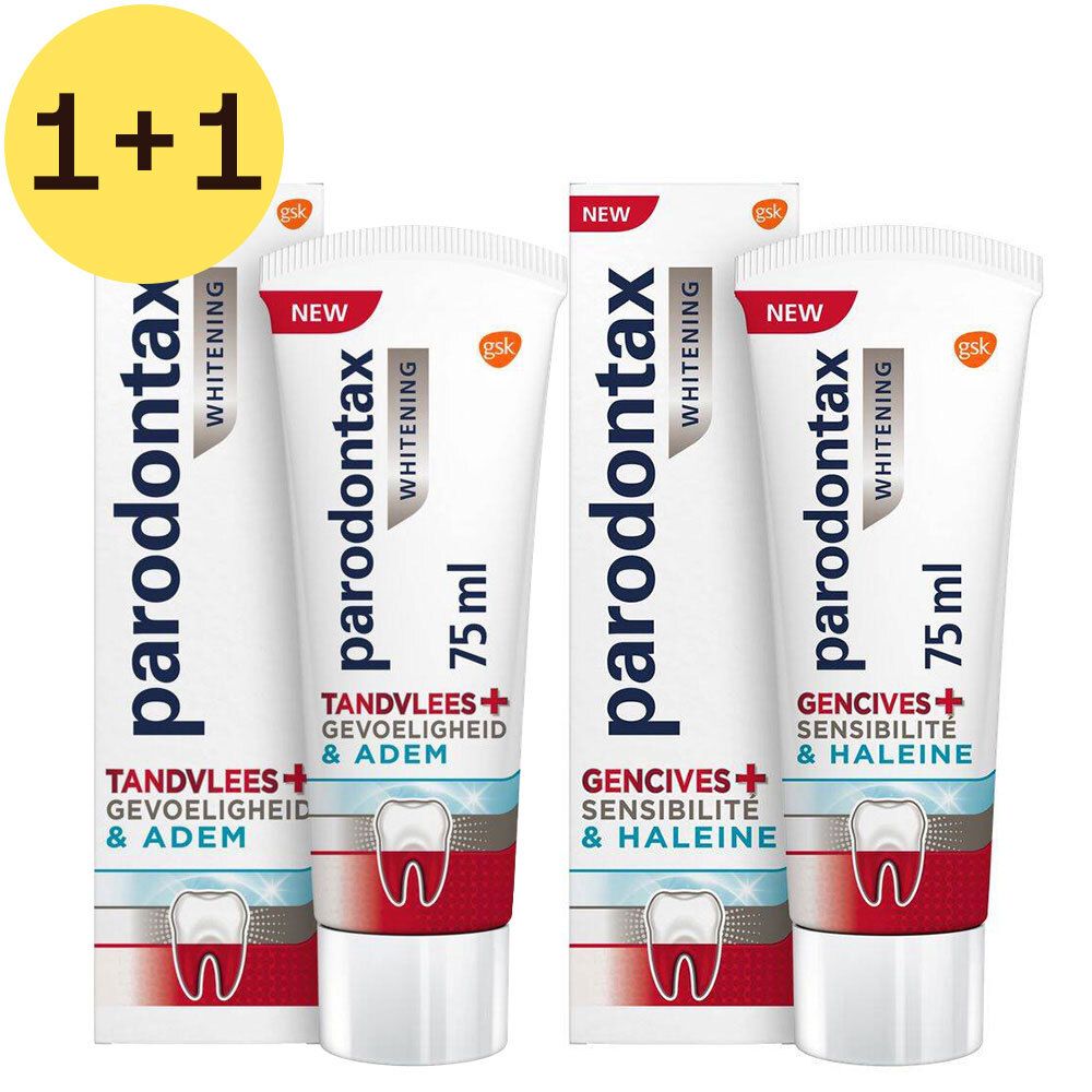 Deux tubes de dentifrice Parodontax Whitening, 75 ml. Emballage blanc avec texte. Symbole jaune 1+1.