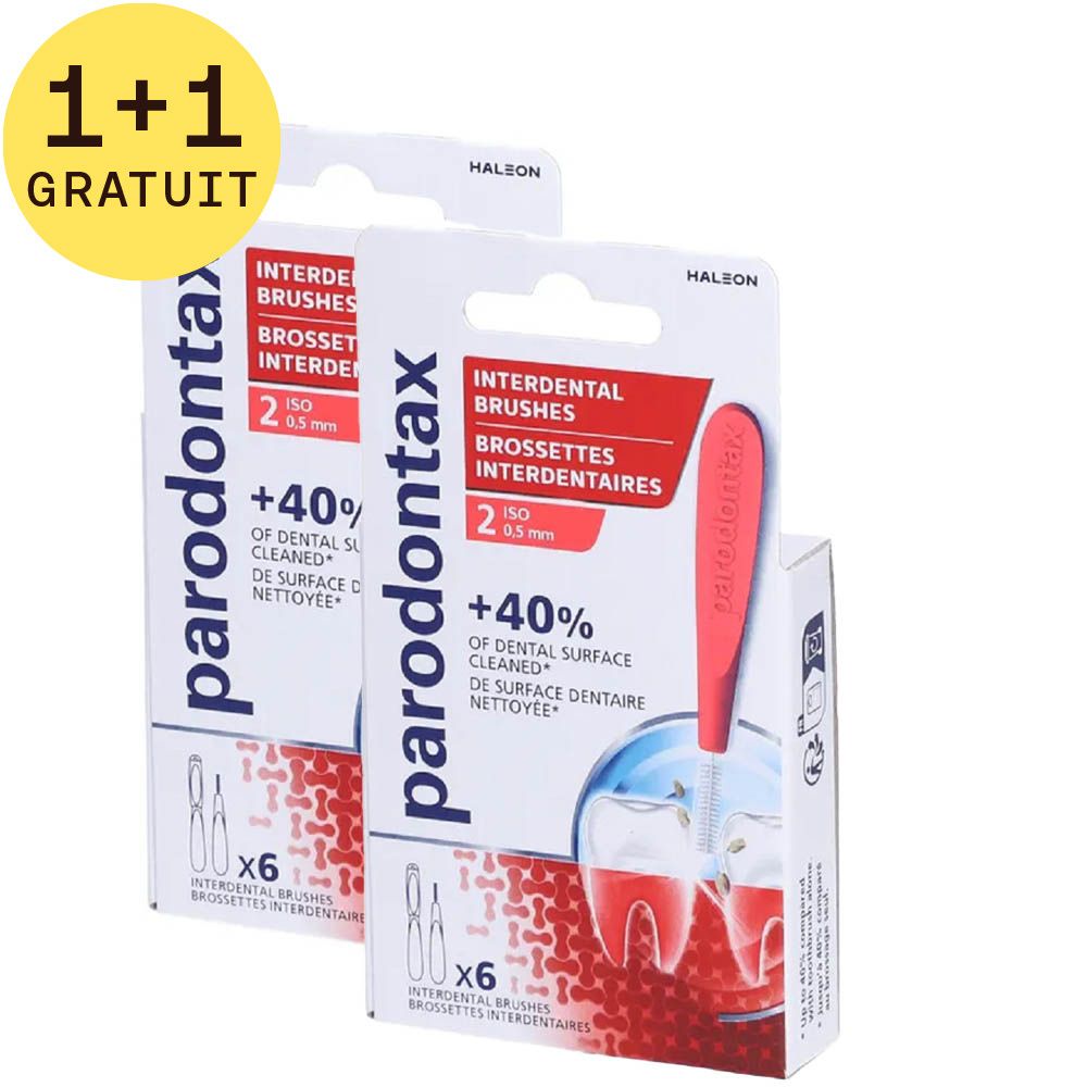 Deux paquets de brossettes interdentaires Parodontax. Inscription : 1+1 GRATUIT. Brossettes rouges de 0,5 mm. Contient 6 brossettes.