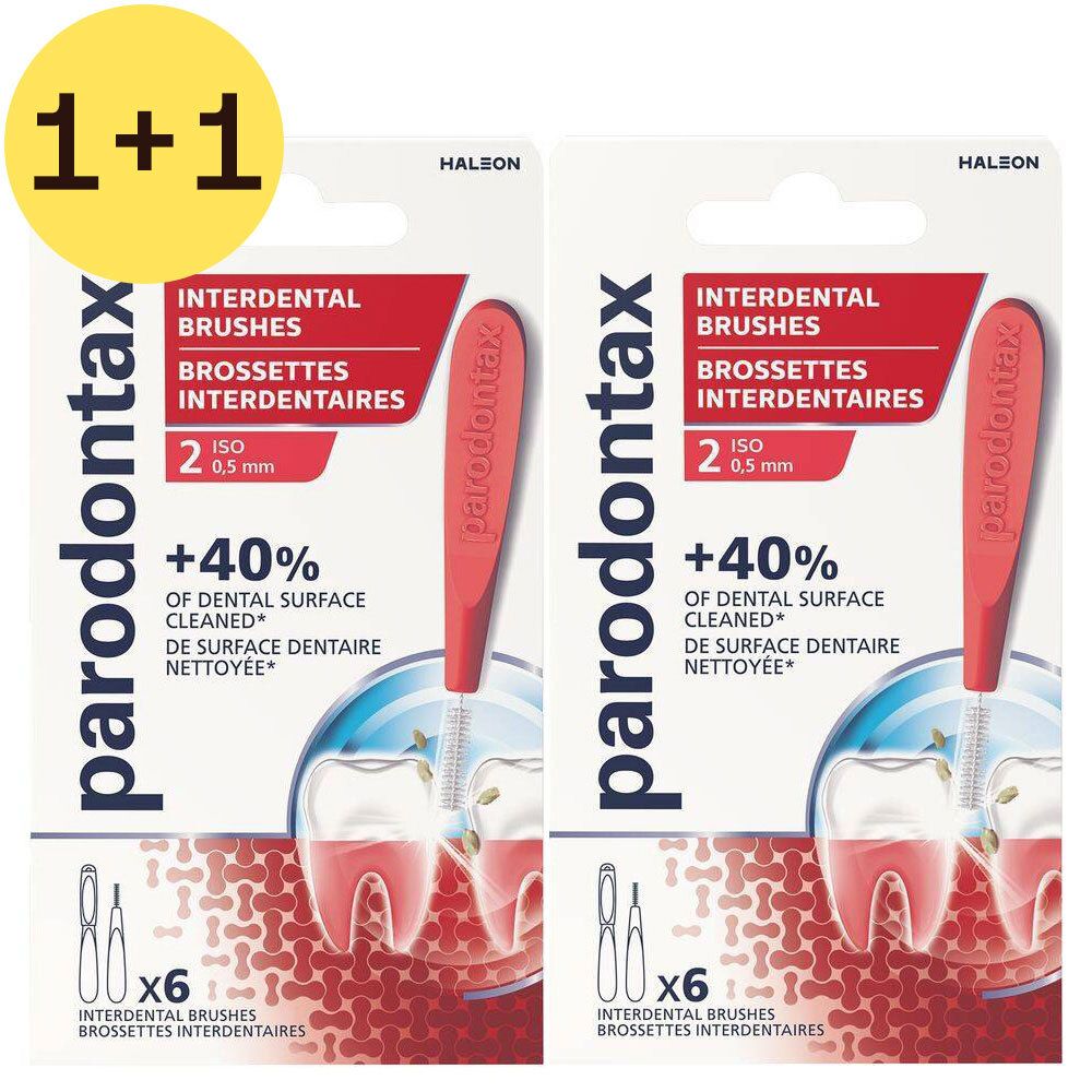Deux paquets de brossettes interdentaires Parodontax. Inscription : 1+1 GRATUIT. Brossettes rouges de 0,5 mm. Contient 6 brossettes.