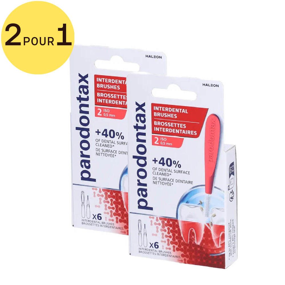 Deux paquets de brossettes interdentaires Parodontax. Inscription : 2 POUR 1. Brossettes rouges de 0,5 mm. Contient 6 brossettes.