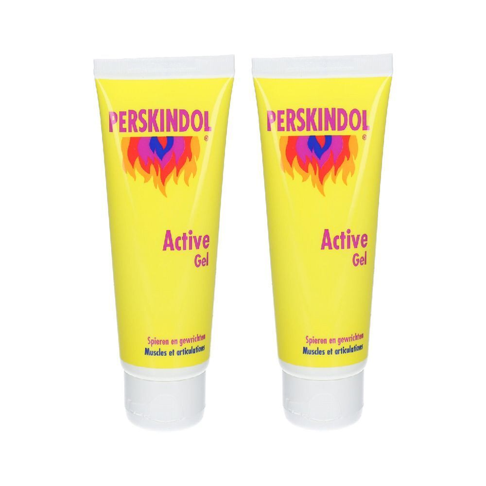Deux tubes jaunes avec bouchon blanc. Inscription : Perskindol, Active Gel. Logo de flammes.