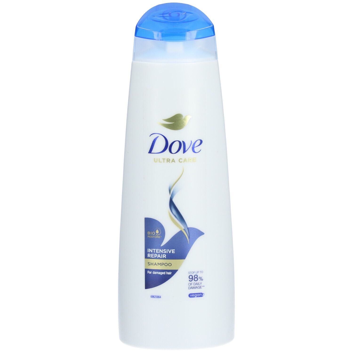 Flacon de shampooing blanc avec bouchon bleu. Logo Dove et indication 'Intensive Repair' sur le devant.