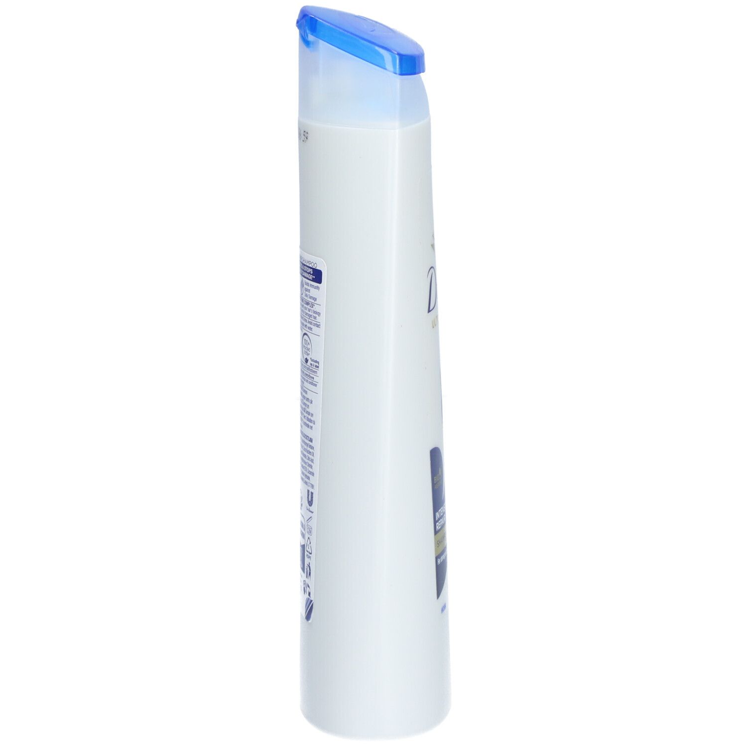 Flacon de shampooing blanc étroit avec bouchon bleu. Vue latérale avec informations produit et logo Dove.
