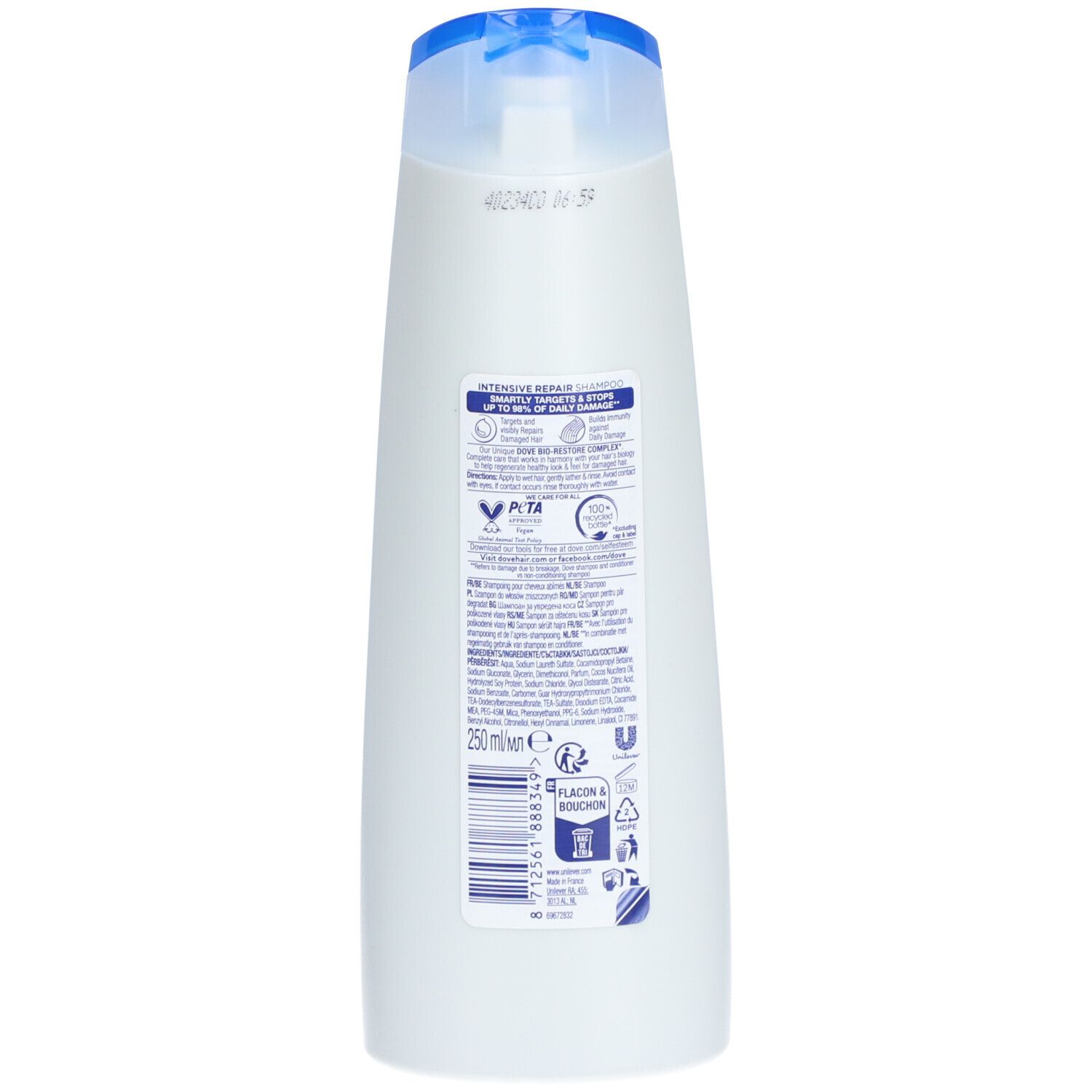 Dos d'un flacon de shampooing blanc avec bouchon bleu. Informations produit, ingrédients et logos.