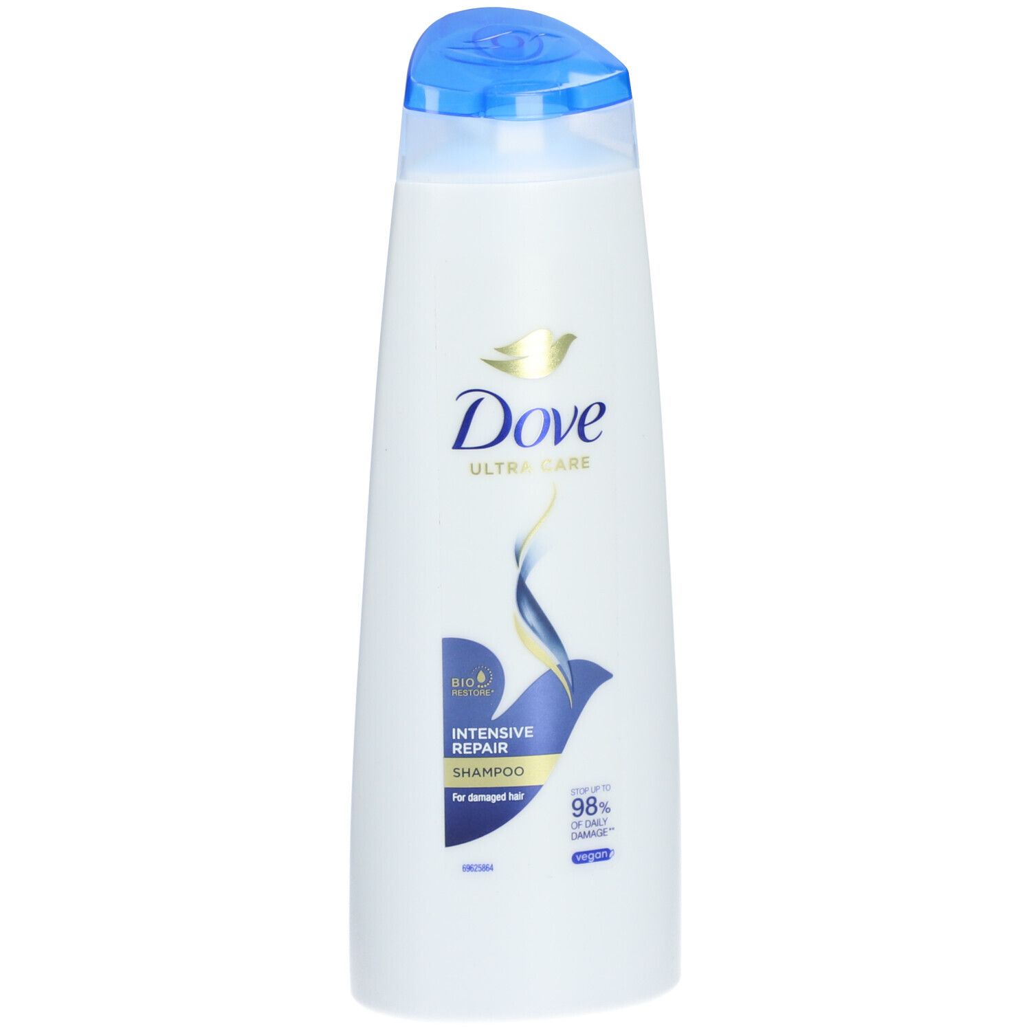Flacon de shampooing blanc avec bouchon bleu. Logo Dove et 'Intensive Repair' sur le devant, légèrement incliné.