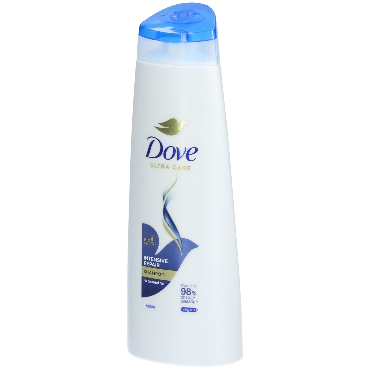 Flacon de shampooing blanc avec bouchon bleu. Logo Dove et 'Intensive Repair' sur le devant, légèrement incliné.