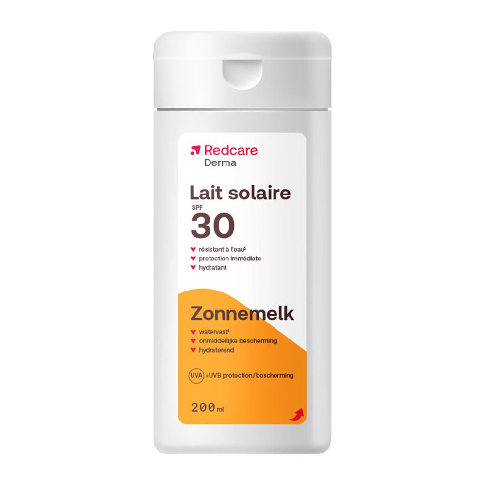 Flacon de Lait solaire SPF 30 Redcare Derma. Design rectangulaire blanc avec lettrage rouge et orange. 200ml.