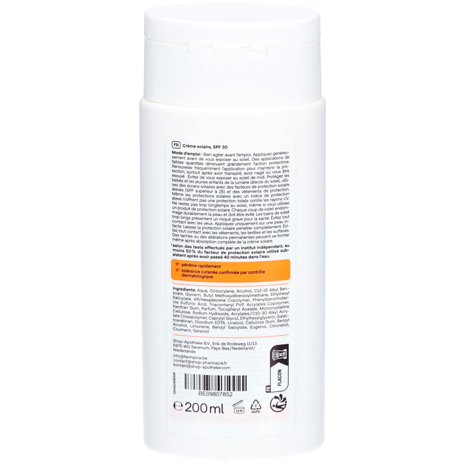Rückseite der Redcare Sonnenmilch LSF 30 Flasche mit Inhaltsstoffen und Volumen.