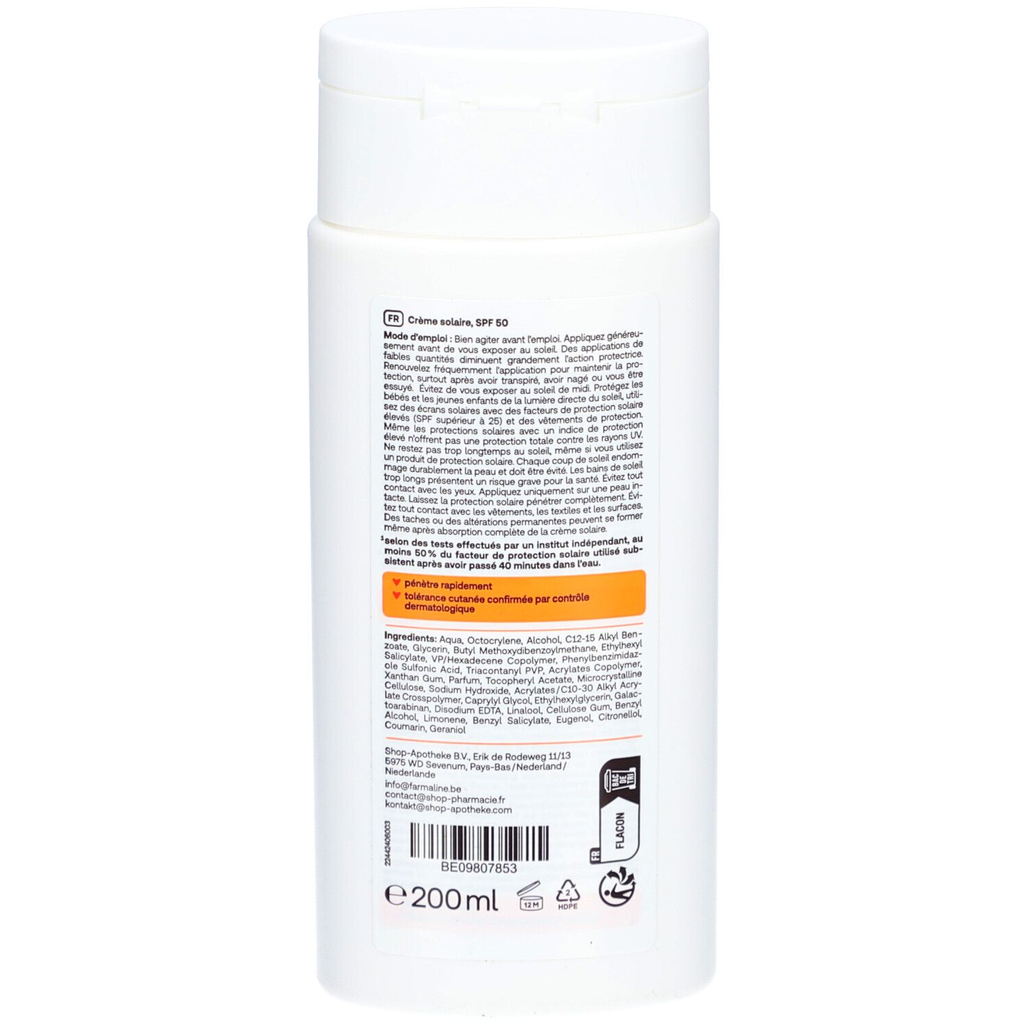 Rückseite der Redcare Sonnenmilch LSF 50 Flasche mit Inhaltsstoffen und Anwendungshinweisen.
