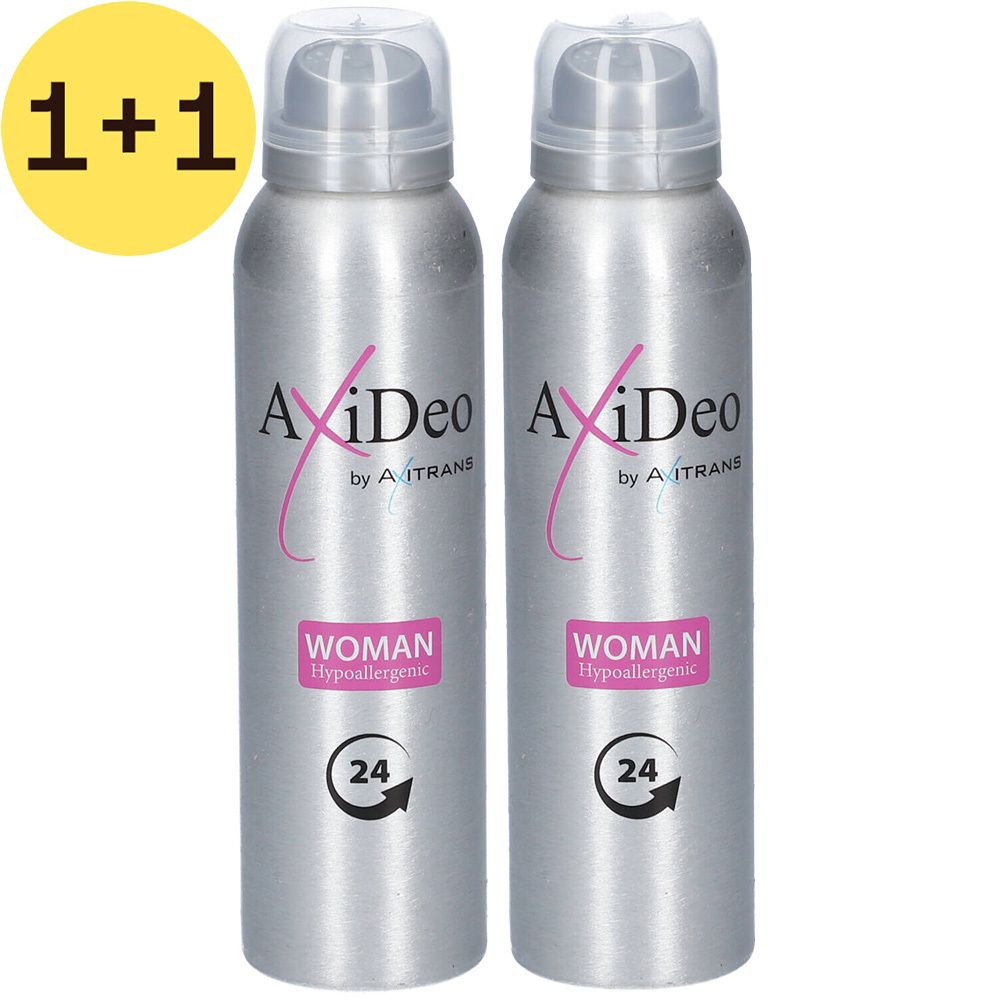Deux sprays argentés avec étiquettes roses et blanches. Inscription: AxiDeo Woman, protection 24 heures. Symbole jaune 1+1.