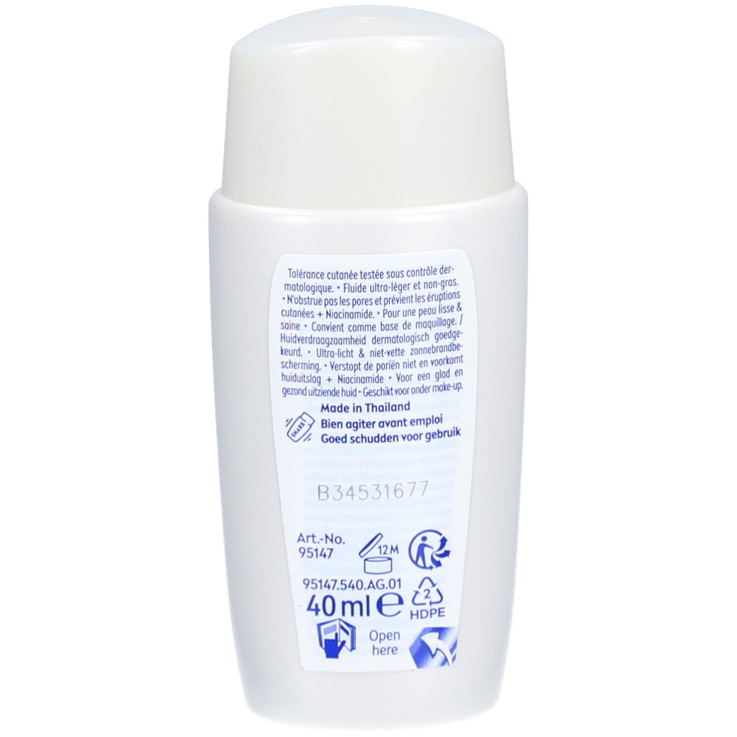 Rückseite der weißen Flasche. Textinformationen, darunter Inhaltsstoffe und Herstellerangaben. 40ml.