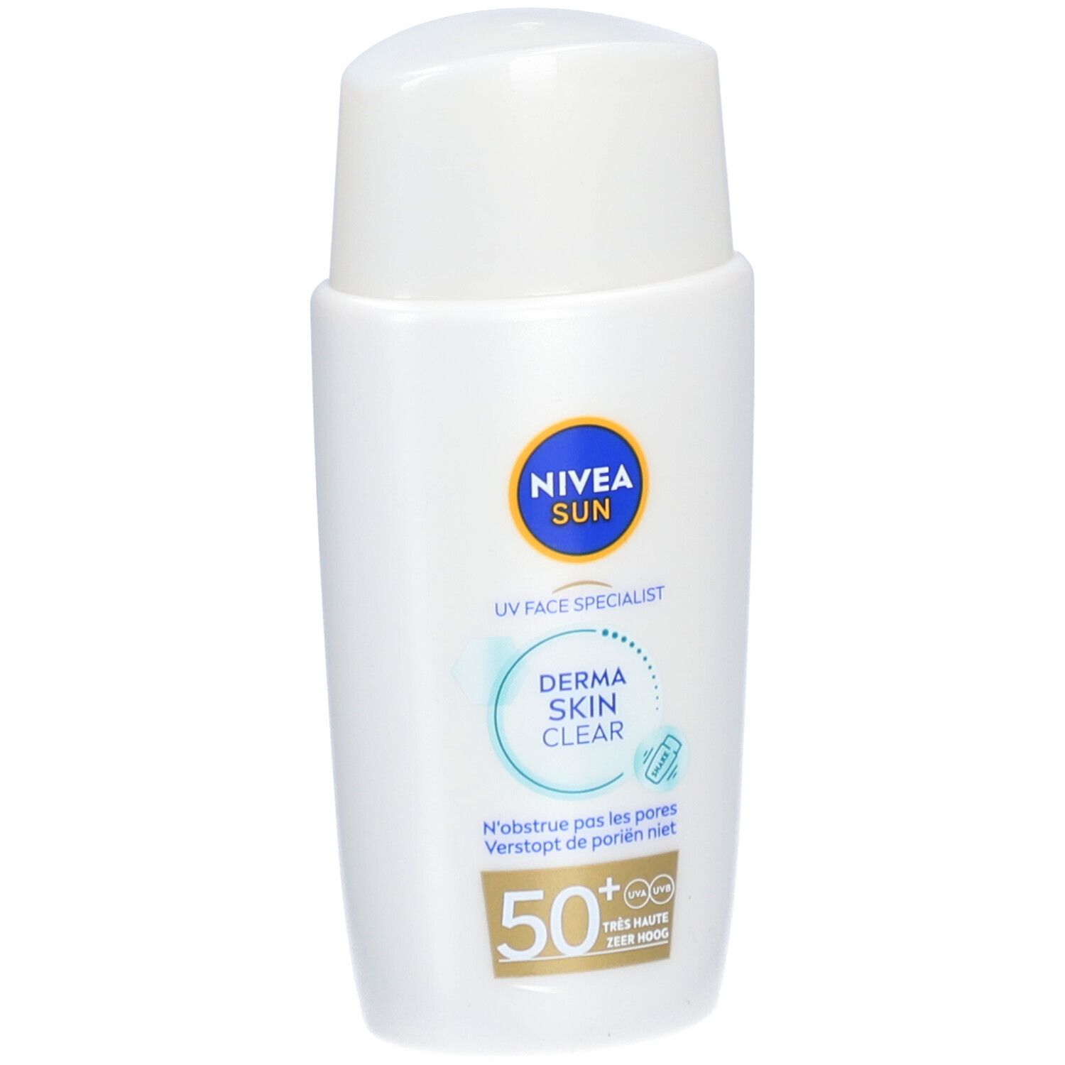 Weiße Flasche mit blauem Nivea Sun Logo und Produktbezeichnung. Enthält UV Face Specialist Derma Skin Clear, LSF 50+.