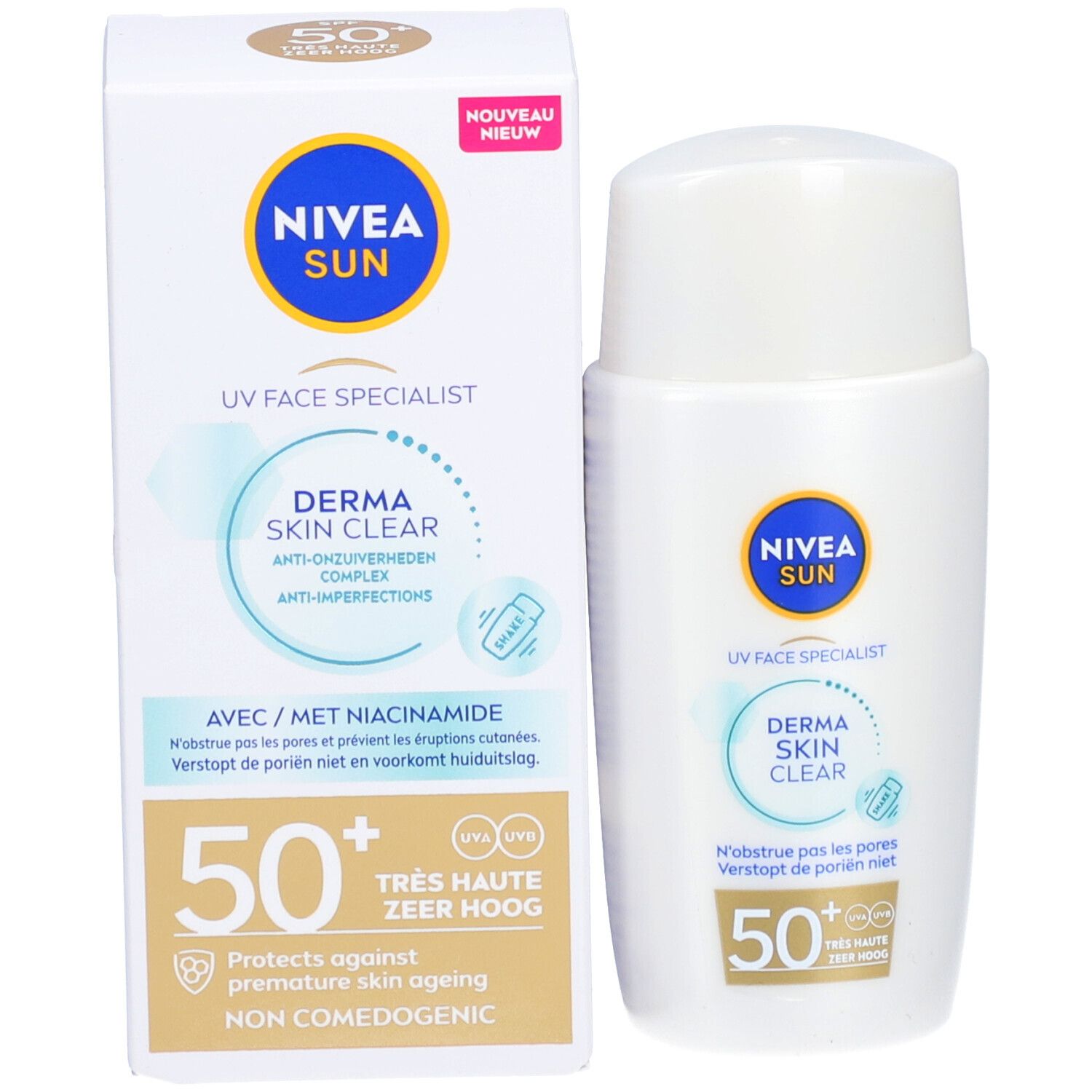Produkt und Verpackung. Weiße Flasche und Karton mit Nivea Sun Logo und Produktbezeichnung. LSF 50+.