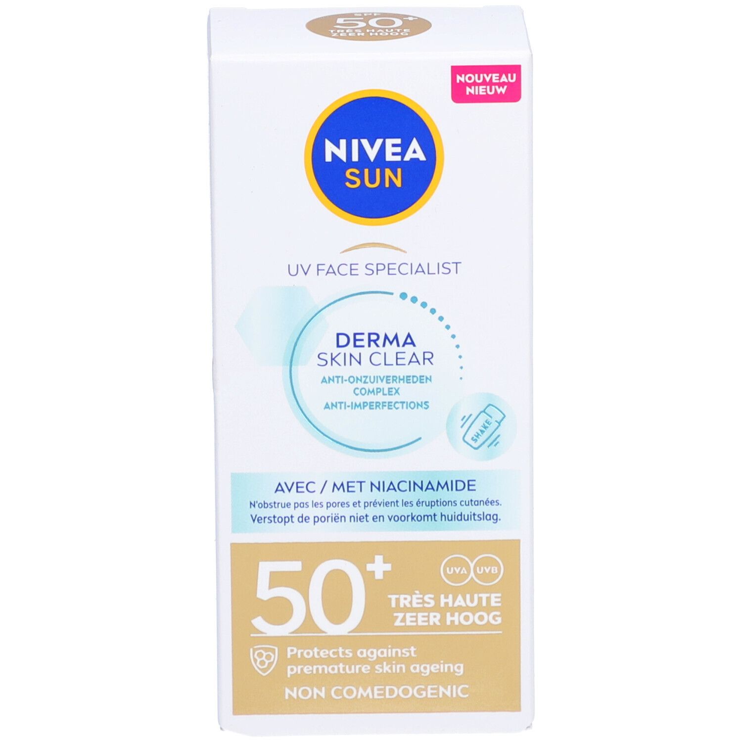 Produktverpackung. Karton mit Nivea Sun Logo und Produktbezeichnung. LSF 50+. Neu-Etikett.
