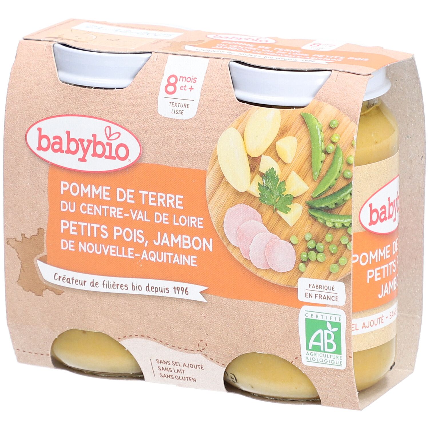 Babybio, purée de pommes de terre, petits pois et jambon. 4 pots en carton. Certification bio.