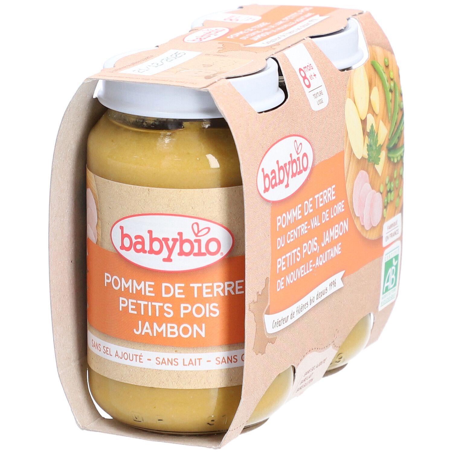 Babybio, purée de pommes de terre, petits pois et jambon. 4 pots en carton. Certification bio.