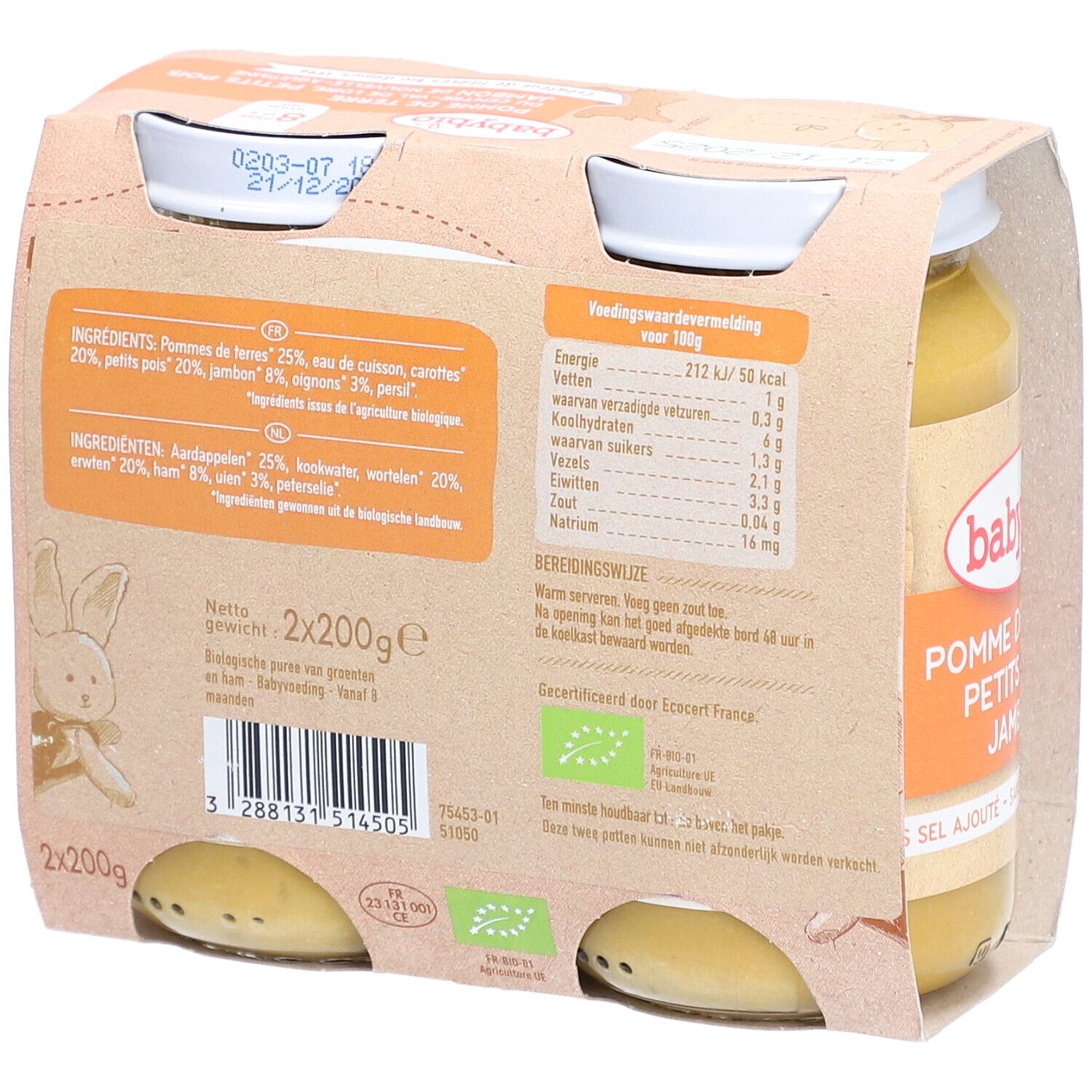 Dos de l'emballage Babybio. Liste des ingrédients, informations nutritionnelles, label bio, 2x200g. Dès 8 mois.