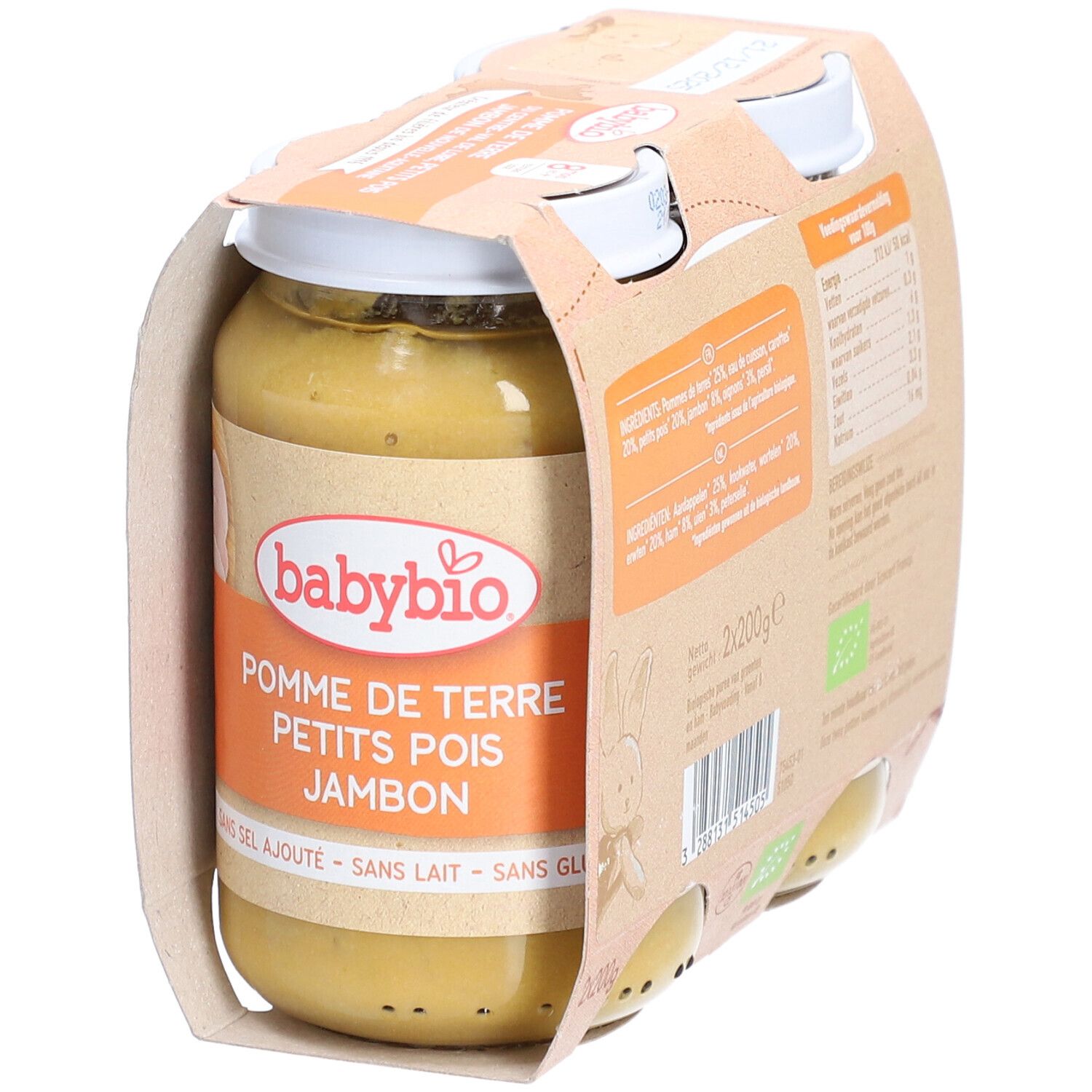 Babybio, purée de pommes de terre, petits pois et jambon. 4 pots en carton. Certification bio.