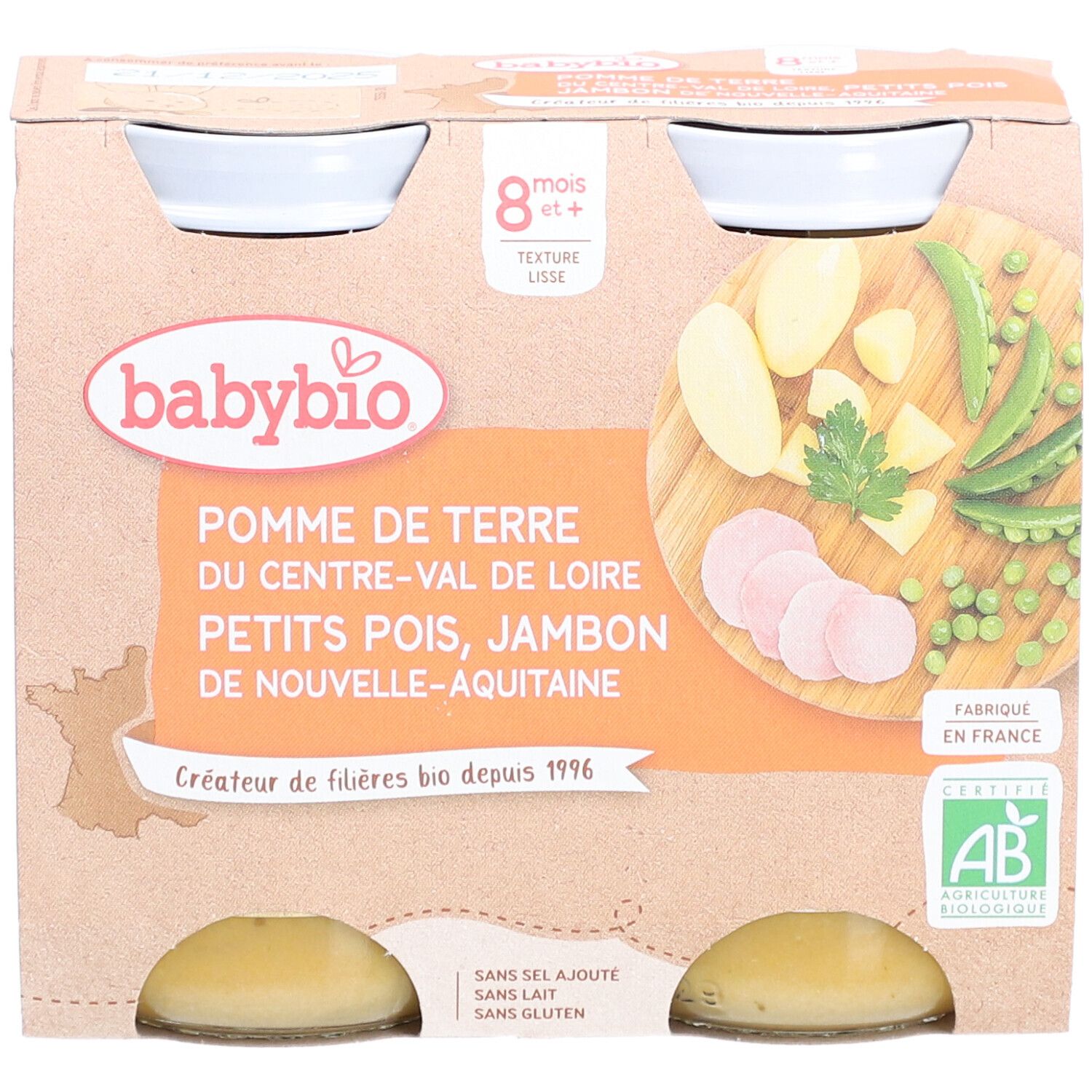 Babybio, purée de pommes de terre, petits pois et jambon. 4 pots en carton. Certification bio.
