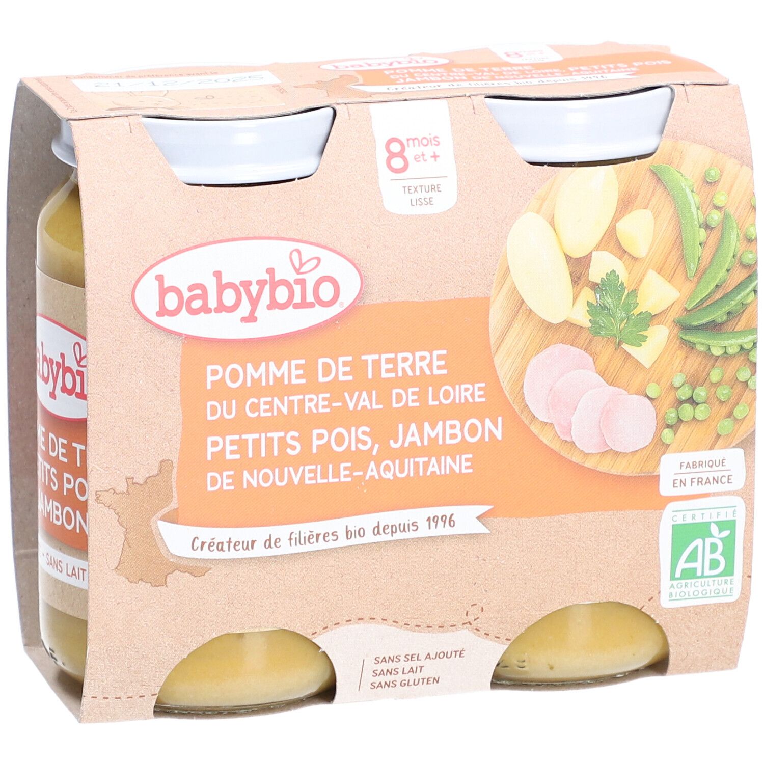 Babybio, purée de pommes de terre, petits pois et jambon. 4 pots en carton. Certification bio.