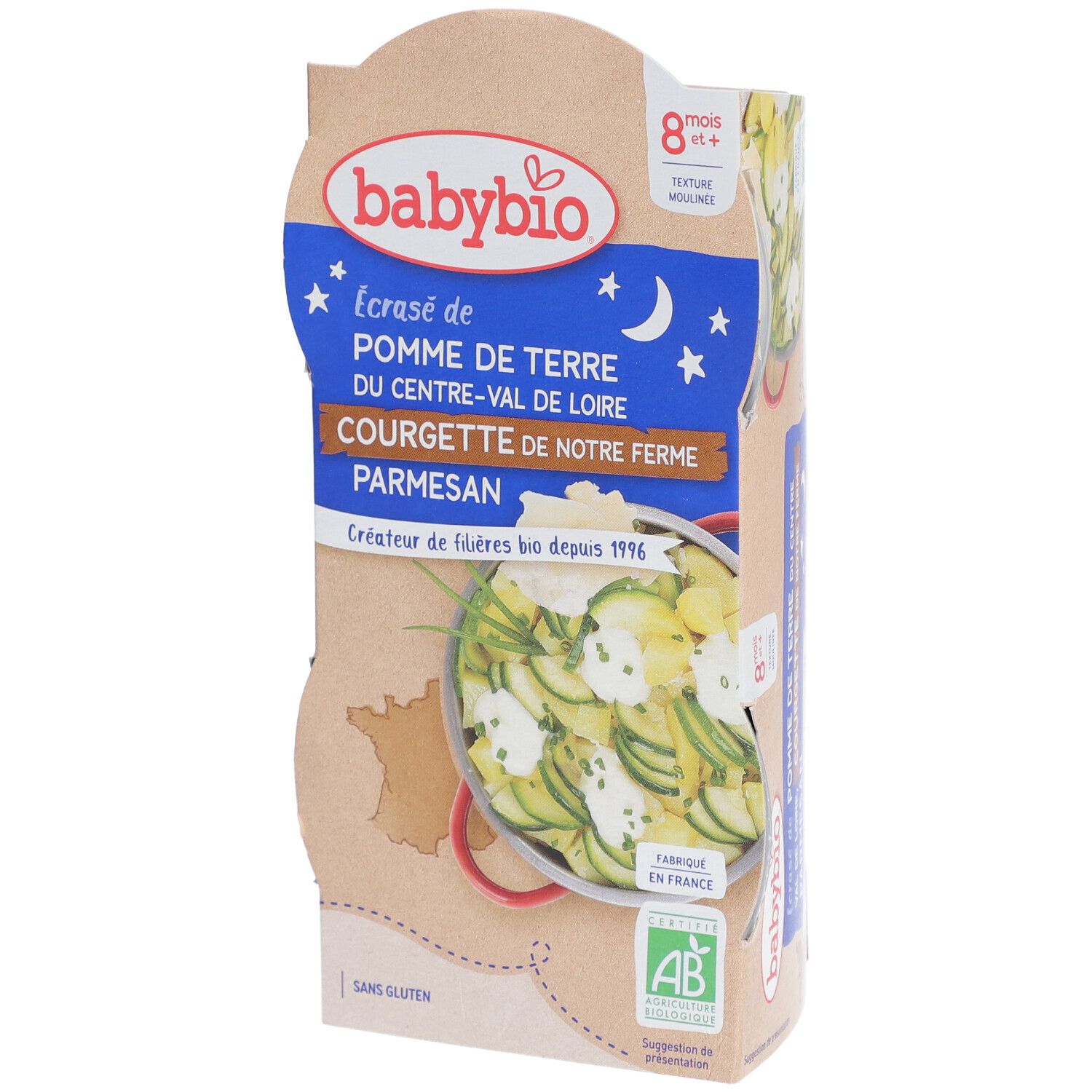 Babybio Kartoffelpüree mit Zucchini und Parmesan. Verpackung mit Produktabbildung und Text. AB-Bio-Siegel.