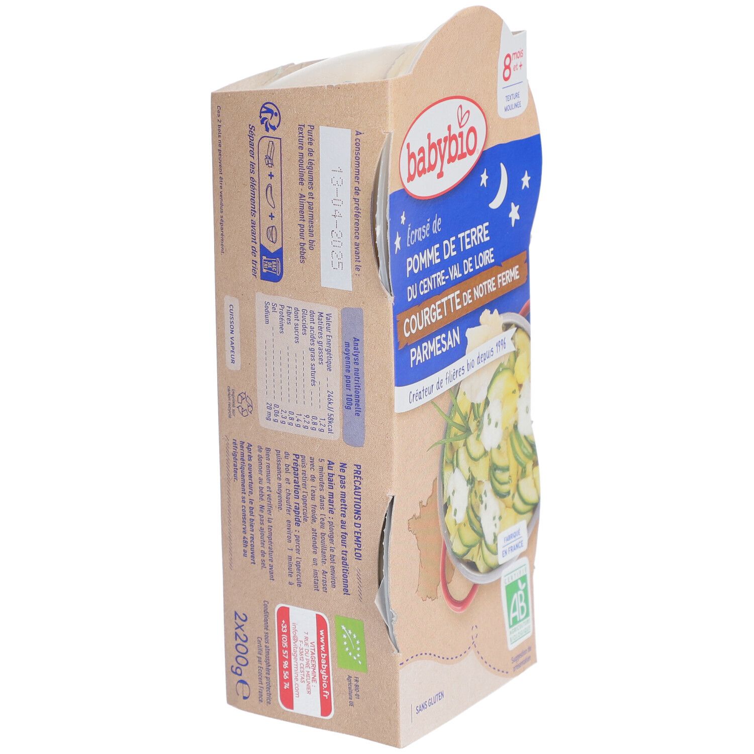 Babybio Kartoffelpüree-Verpackung, Seitenansicht. Text mit Inhaltsangaben, Nährwertangaben und Bio-Siegel.