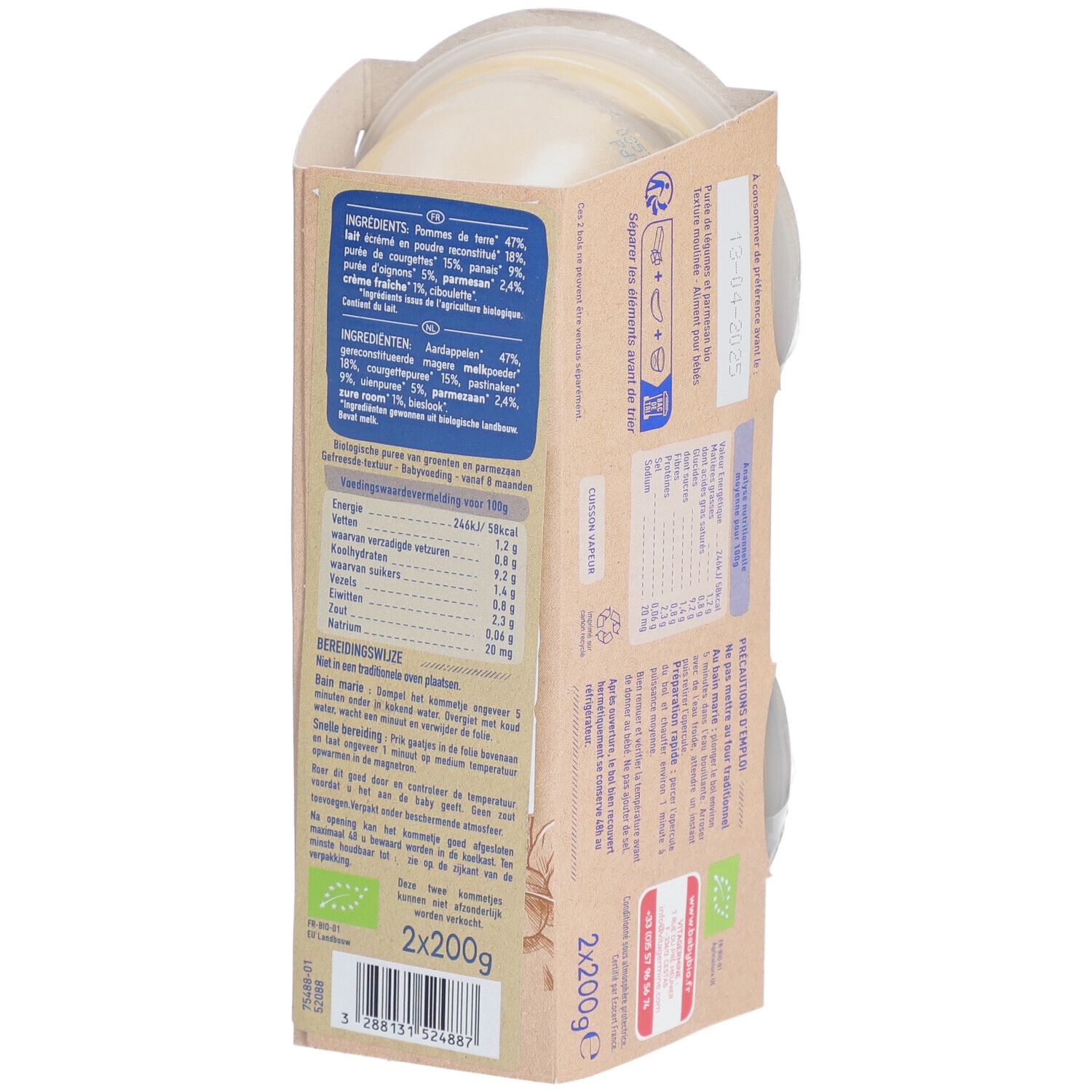Babybio Kartoffelpüree-Verpackung, Rückseite. Inhaltsstoffe, Nährwerte, Bio-Siegel. Zwei Portionen sichtbar.