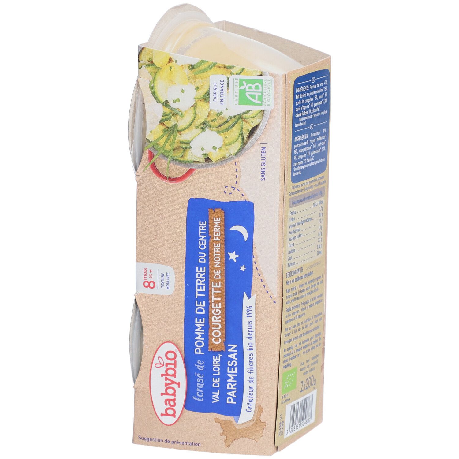 Babybio Kartoffelpüree-Verpackung, Seitenansicht. Produktname, Bio-Siegel, zwei Portionen sichtbar.
