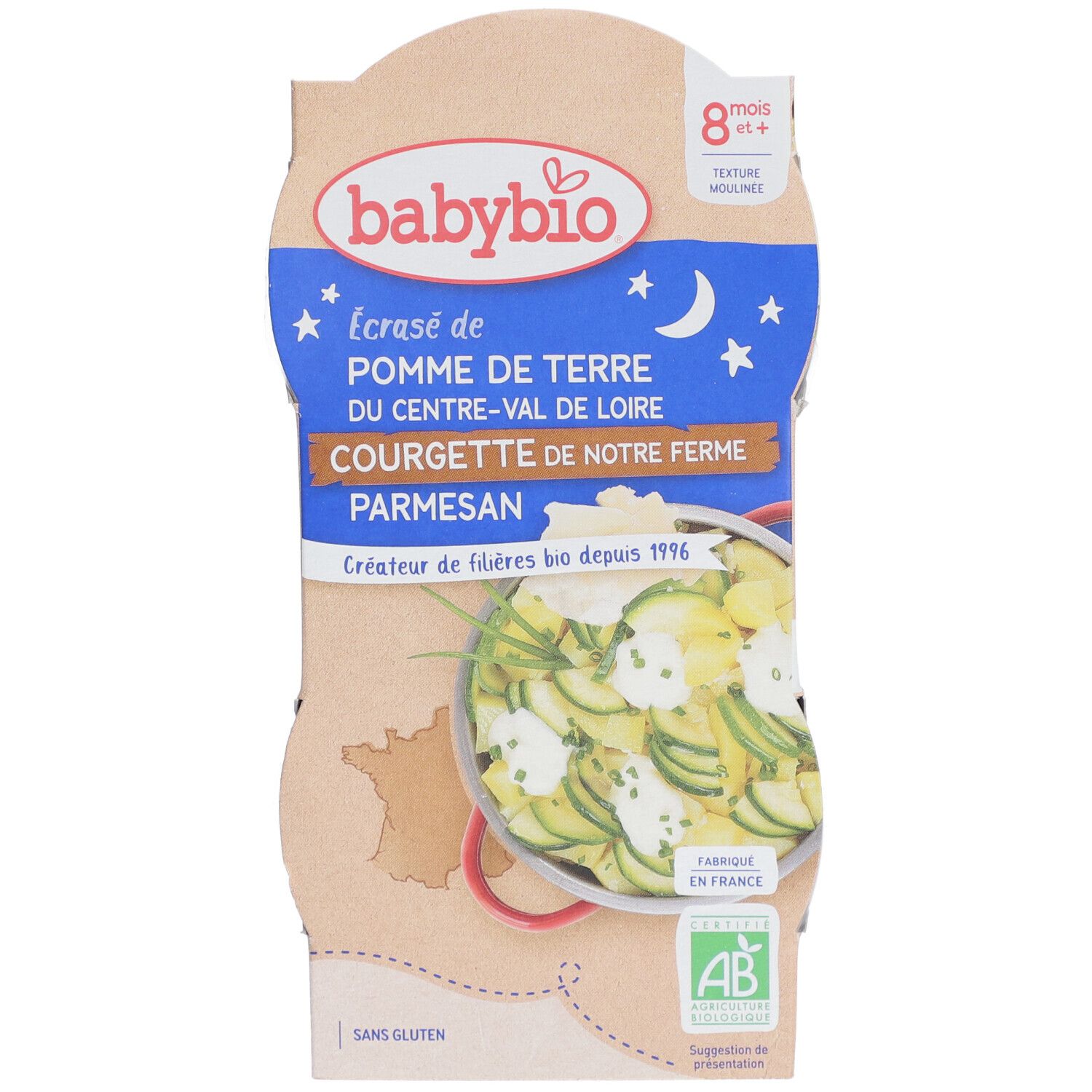 Babybio Kartoffelpüree mit Zucchini und Parmesan. Verpackung mit Produktabbildung und Text. AB-Bio-Siegel.