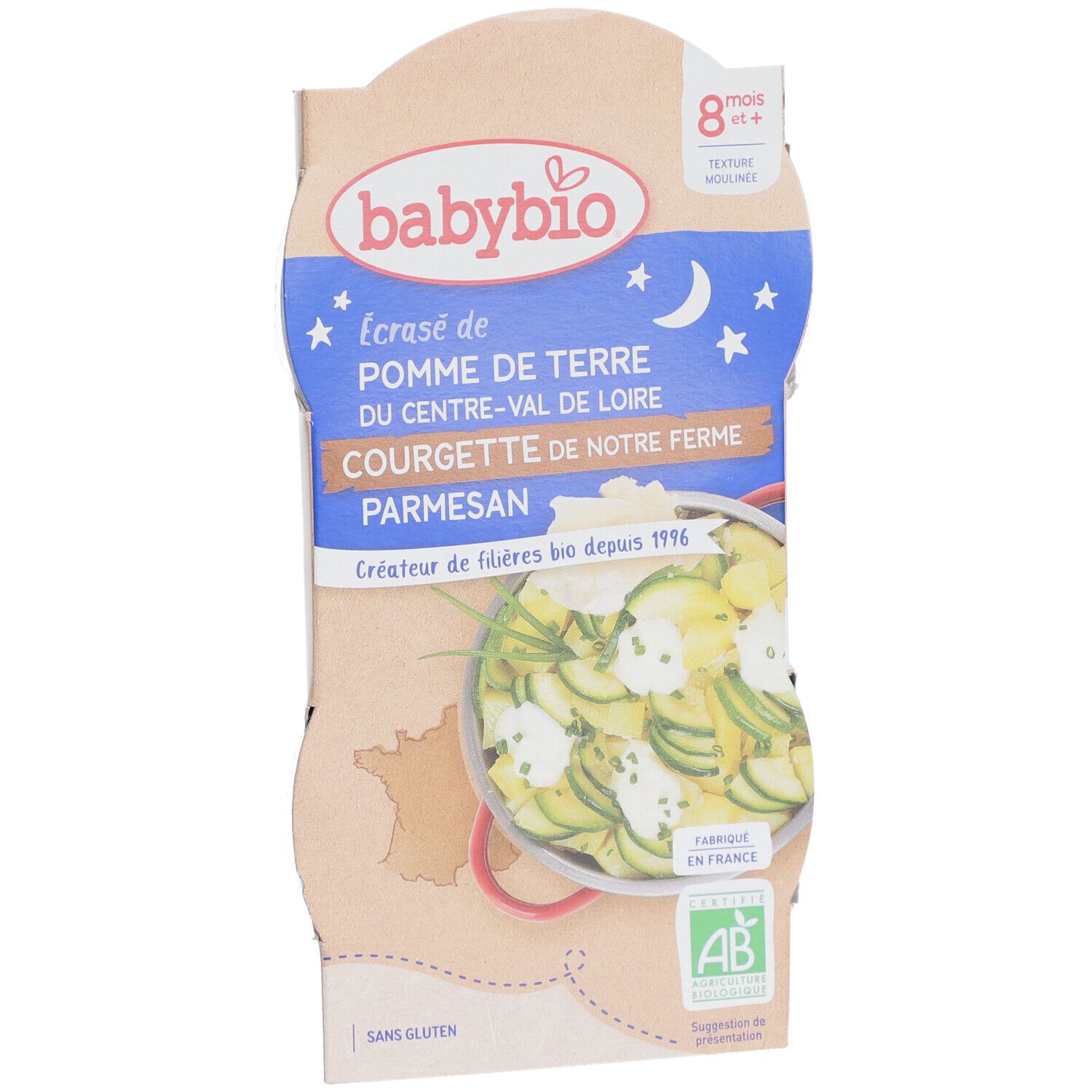 Babybio Kartoffelpüree mit Zucchini und Parmesan. Verpackung mit Produktabbildung und Text. AB-Bio-Siegel.
