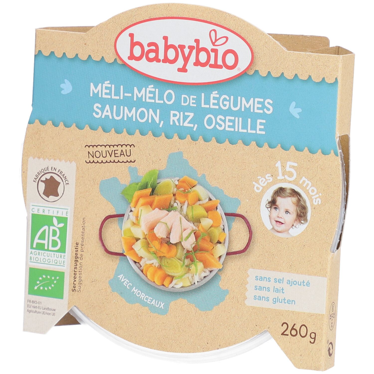 Babybio Méli-Mélo légumes, saumon, riz. Emballage avec image produit, label AB, texte: dès 15 mois, 260g.